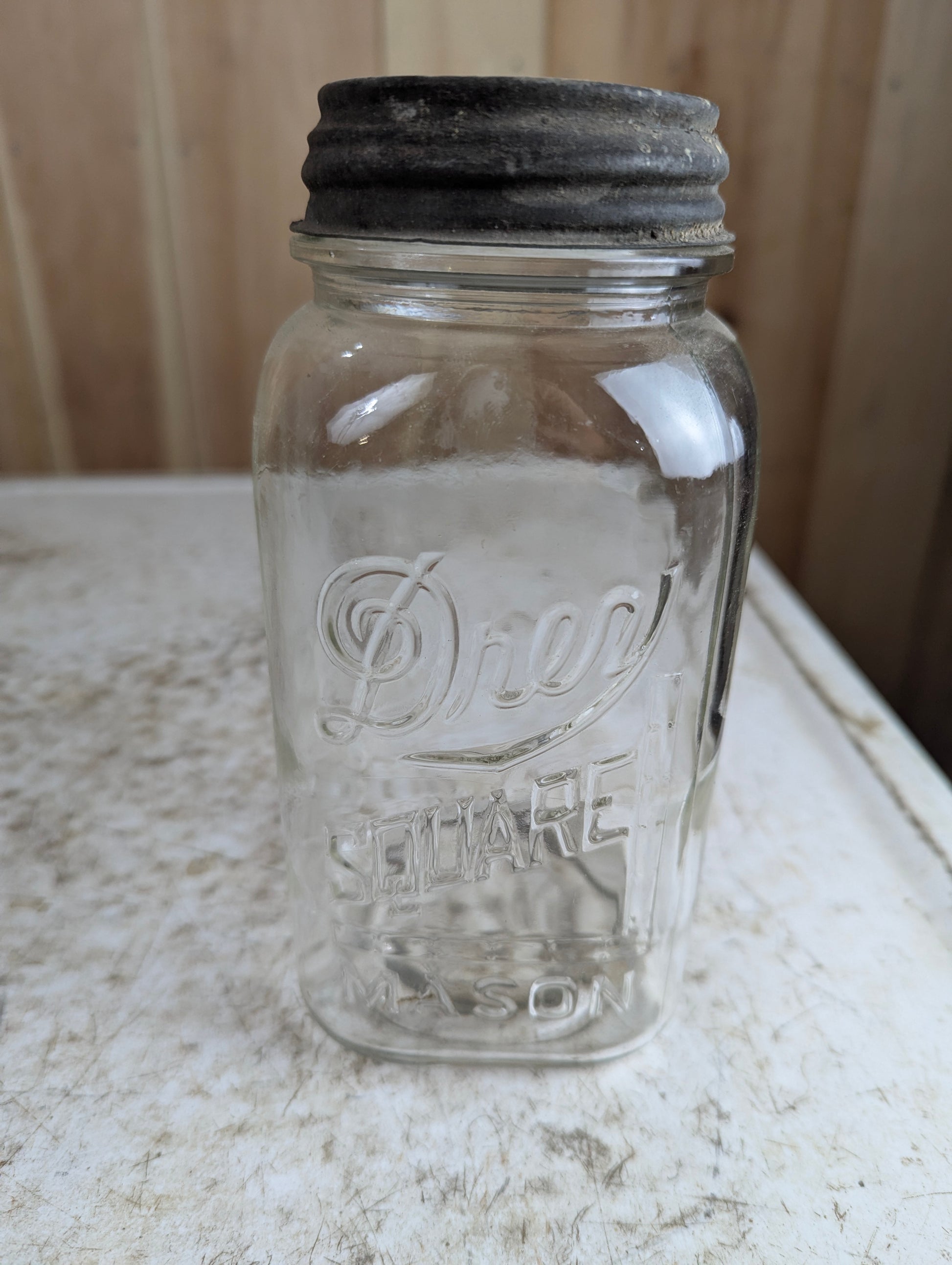 Vintage Drey Square Quart Mason Zinc Lid Jar