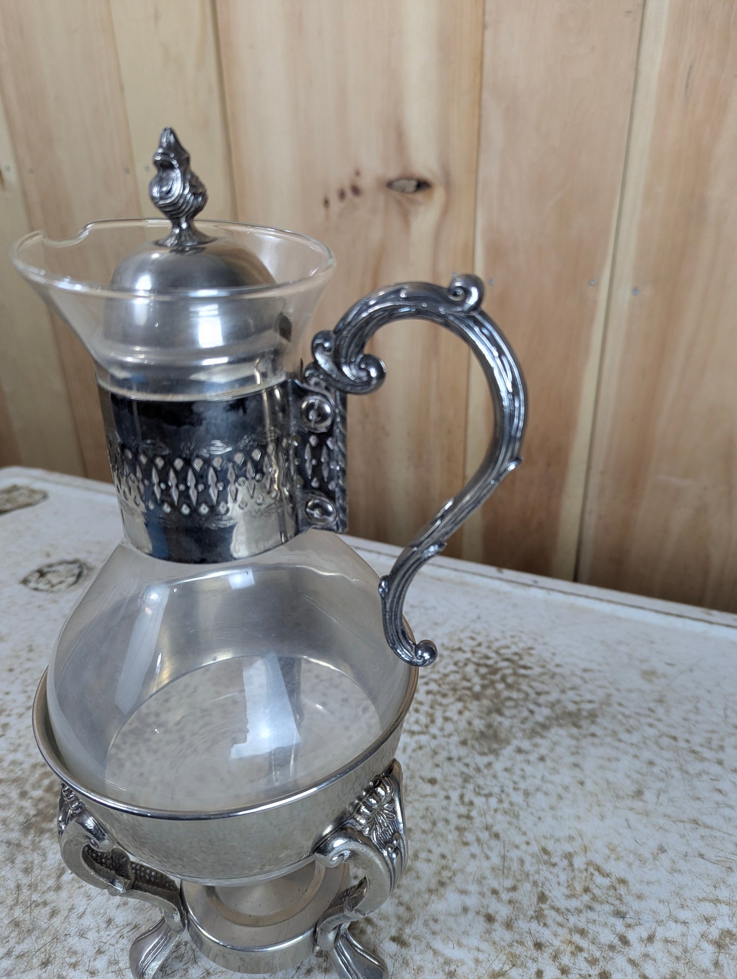 Vintage Glass Silverplate Carafe with Footed Stand - view 2