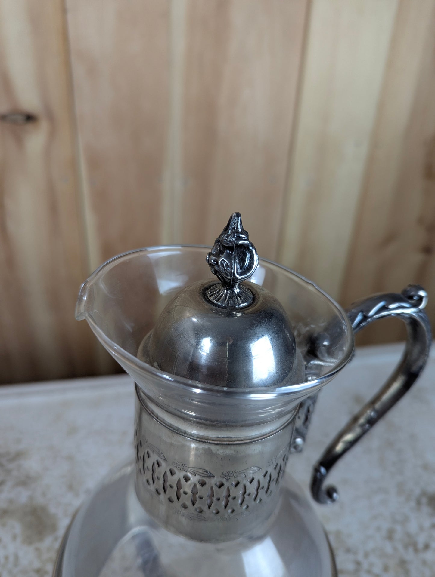 Vintage Glass Silverplate Carafe with Footed Stand - view 3