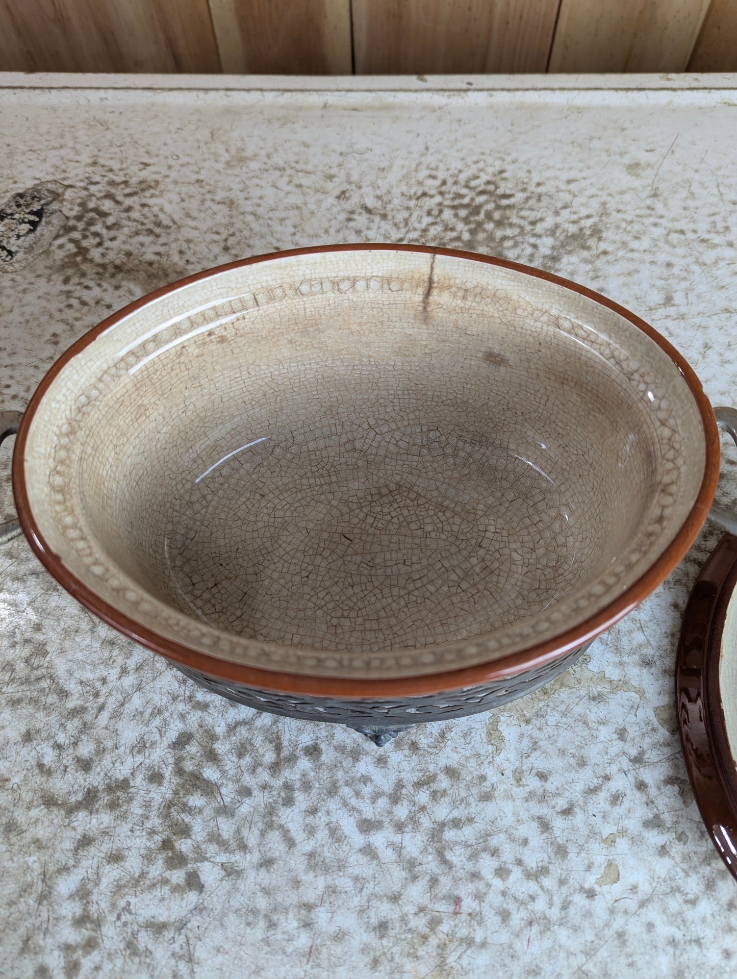 Vintage Guernsey Cookware Casserole Dish with Lid in Footed Metal Carrier - view 2