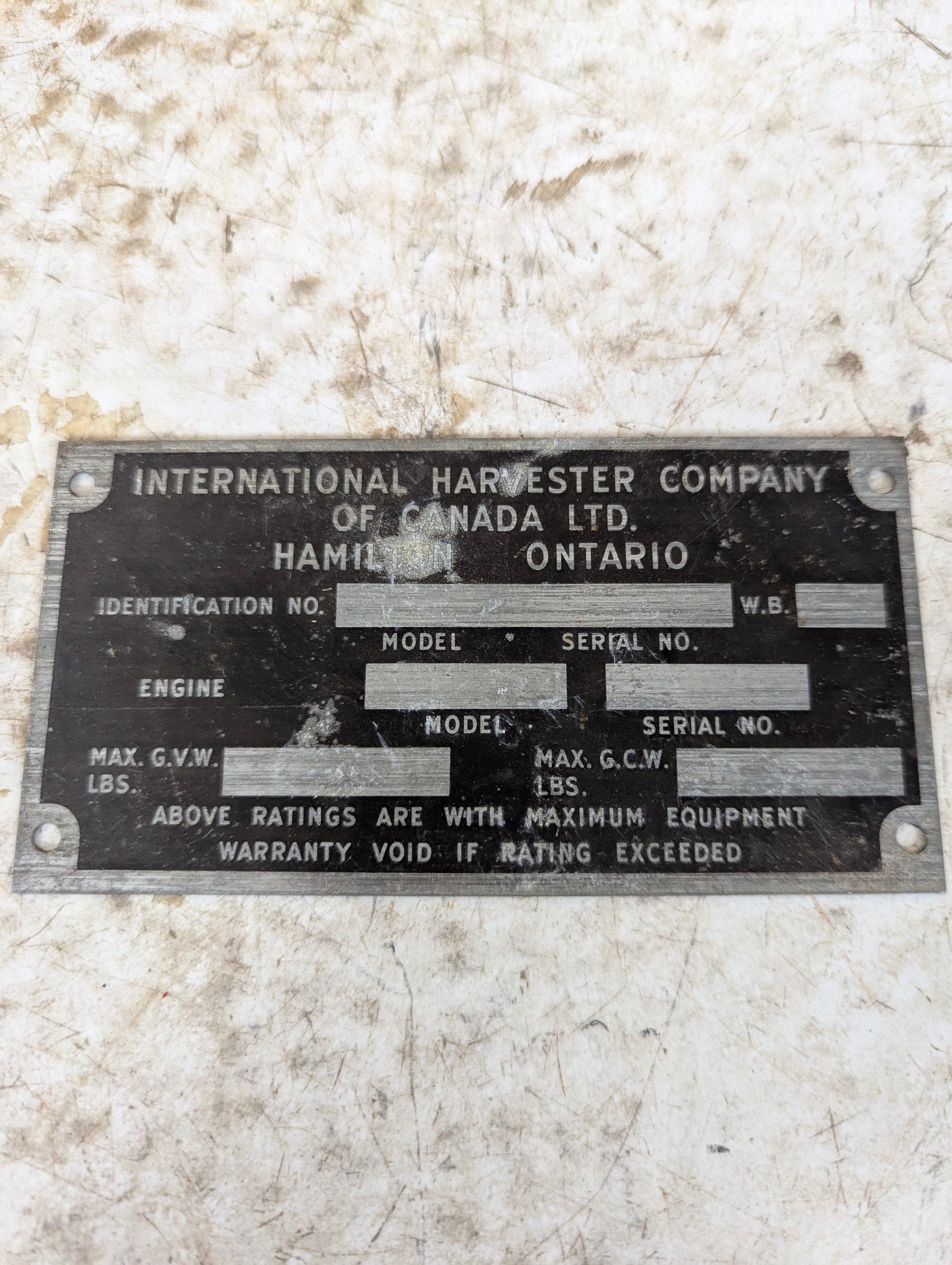 Vintage Industrial International Harvester Co. Aluminum Blank Nameplate