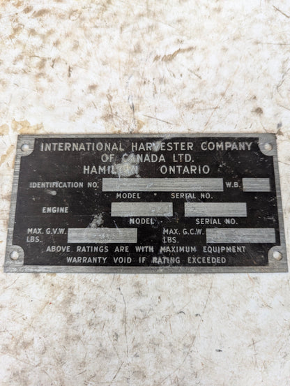 Vintage Industrial International Harvester Co. Aluminum Blank Nameplate