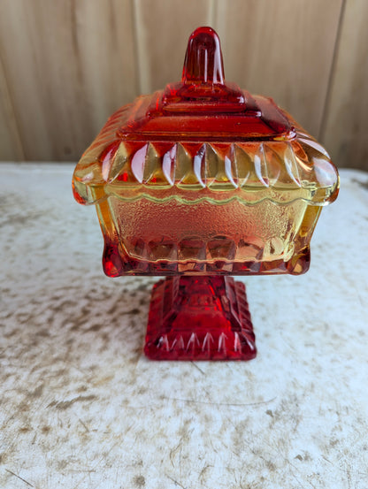 Vintage Jeannette Amberina Glass Wedding Bowl with Lid