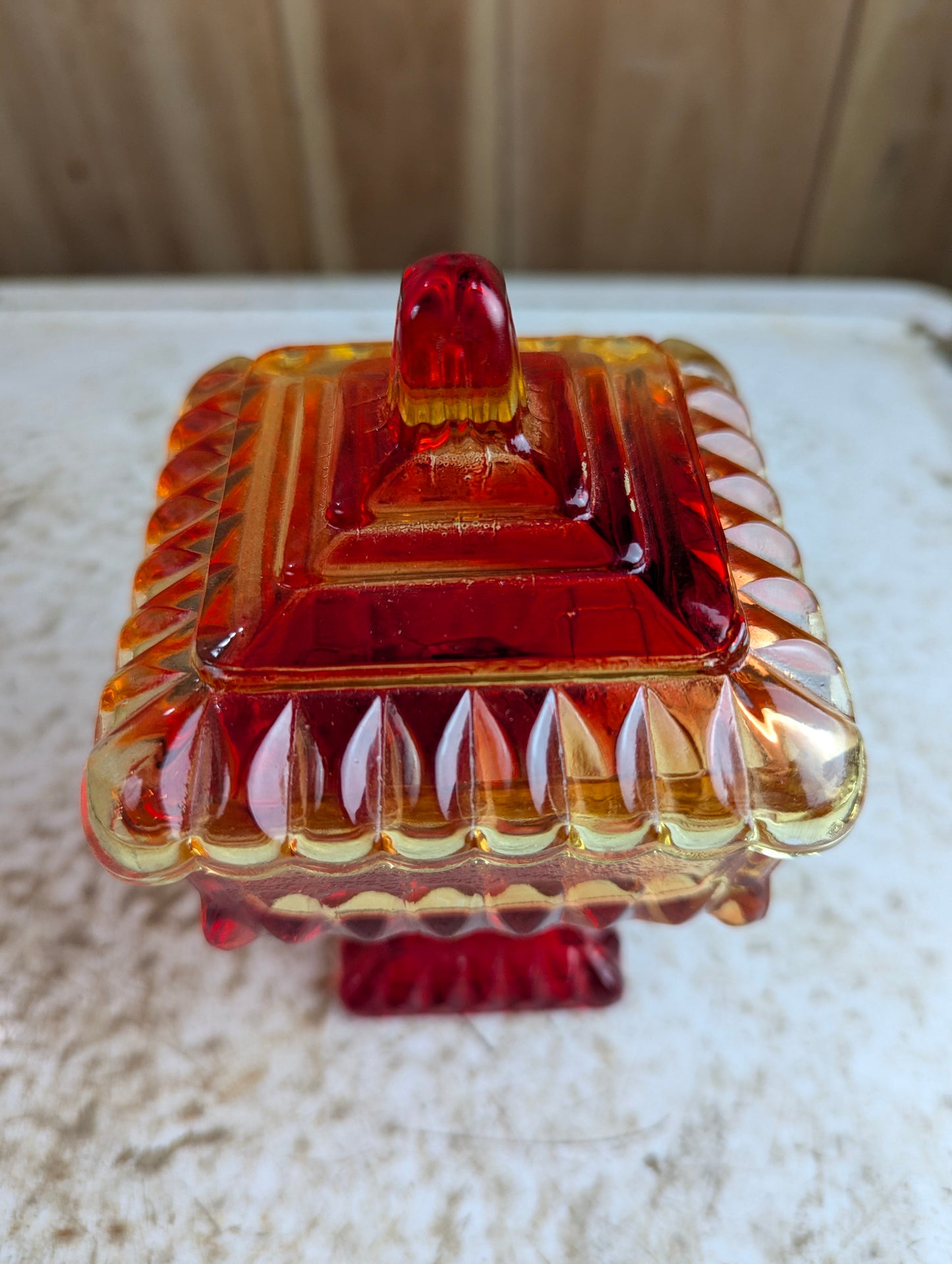 Vintage Jeannette Amberina Glass Wedding Bowl with Lid - view 2