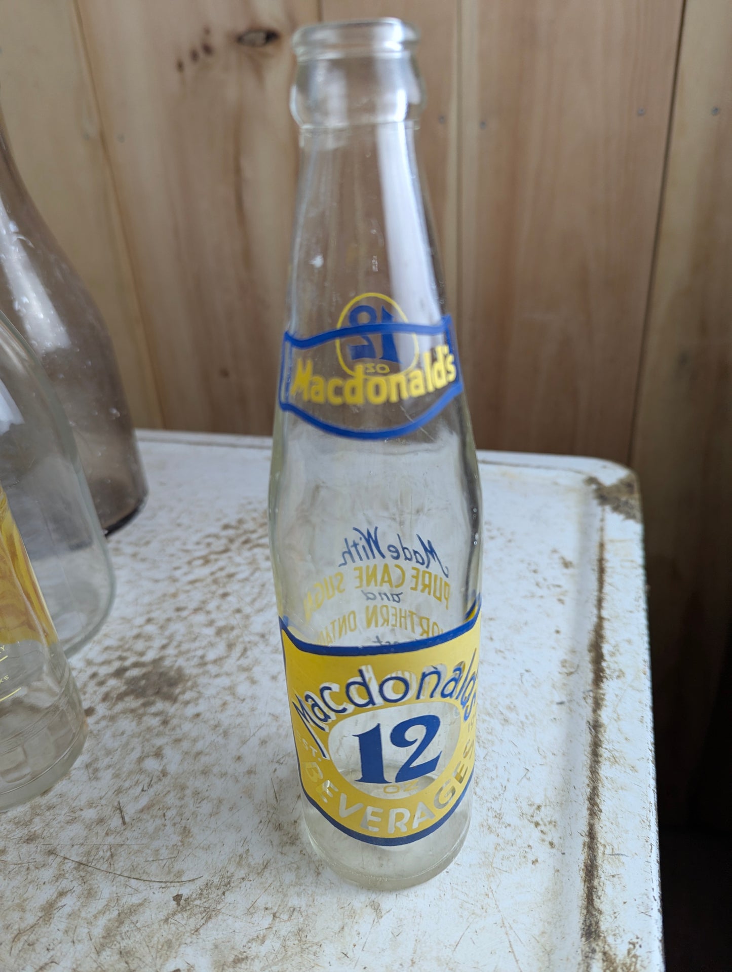 Vintage Macdonald's Beverages 12oz North Bay Clear Glass Yellow Blue ACL Soda Bottle
