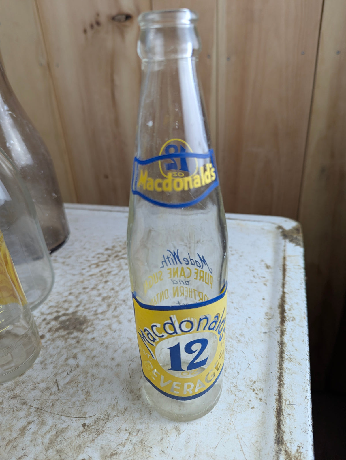 Vintage Macdonald's Beverages 12oz North Bay Clear Glass Yellow Blue ACL Soda Bottle