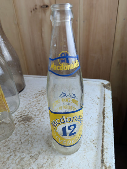 Vintage Macdonald's Beverages 12oz North Bay Clear Glass Yellow Blue ACL Soda Bottle