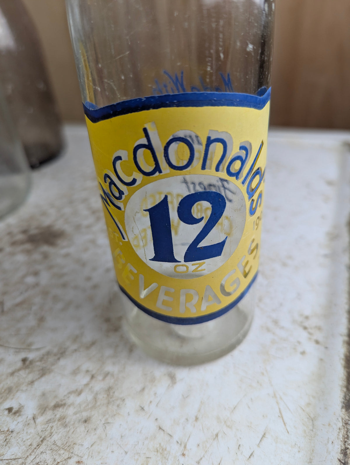 Vintage Macdonald's Beverages 12oz North Bay Clear Glass Yellow Blue ACL Soda Bottle - view 2