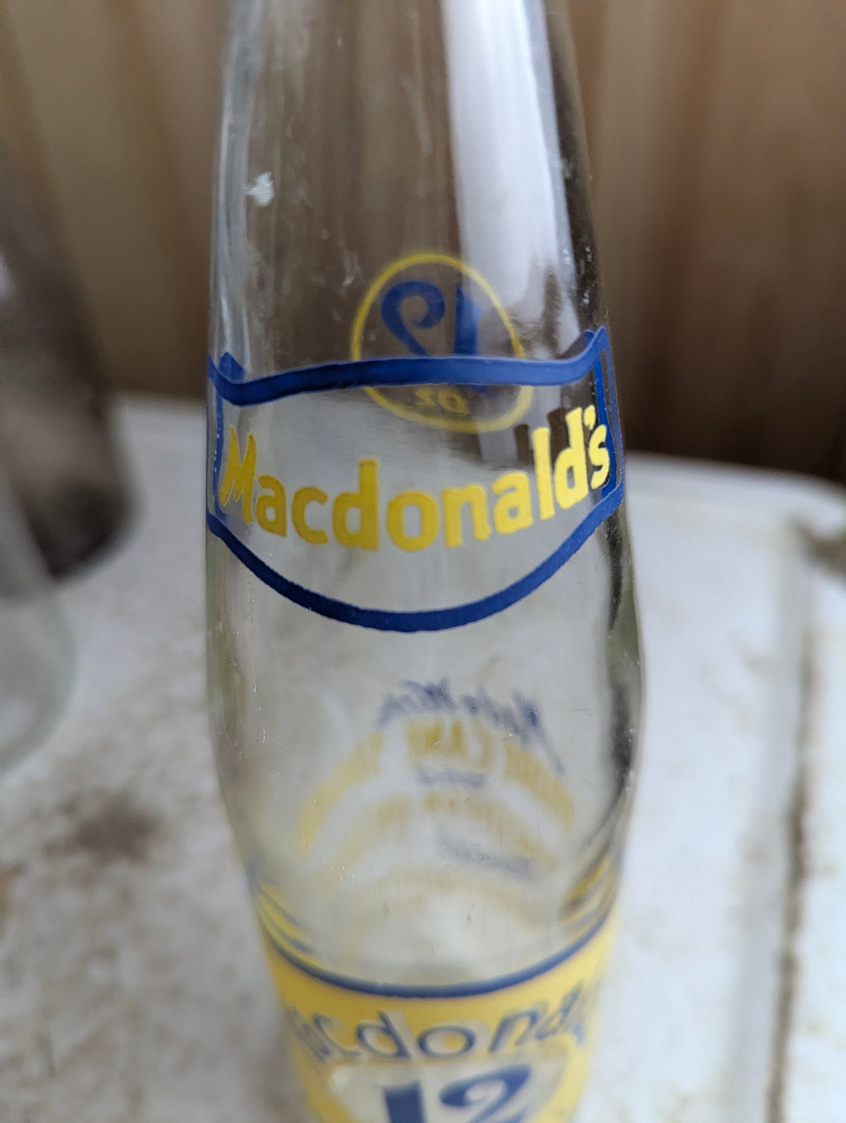 Vintage Macdonald's Beverages 12oz North Bay Clear Glass Yellow Blue ACL Soda Bottle - view 3