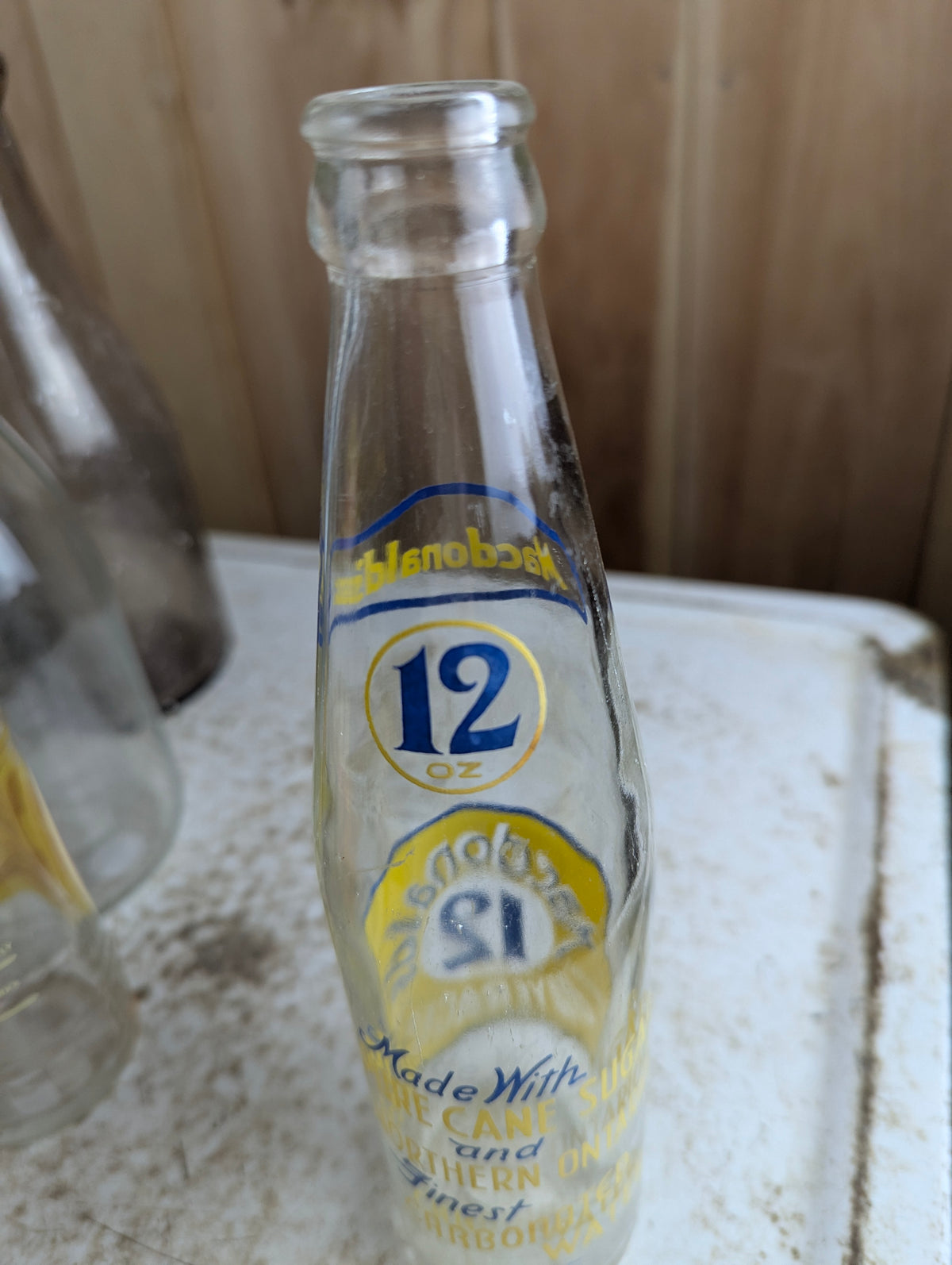 Vintage Macdonald's Beverages 12oz North Bay Clear Glass Yellow Blue ACL Soda Bottle - view 4