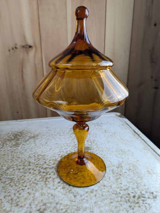 Vintage MCM Empoli MCM Amber Glass Pedestal Candy Dish with Lid