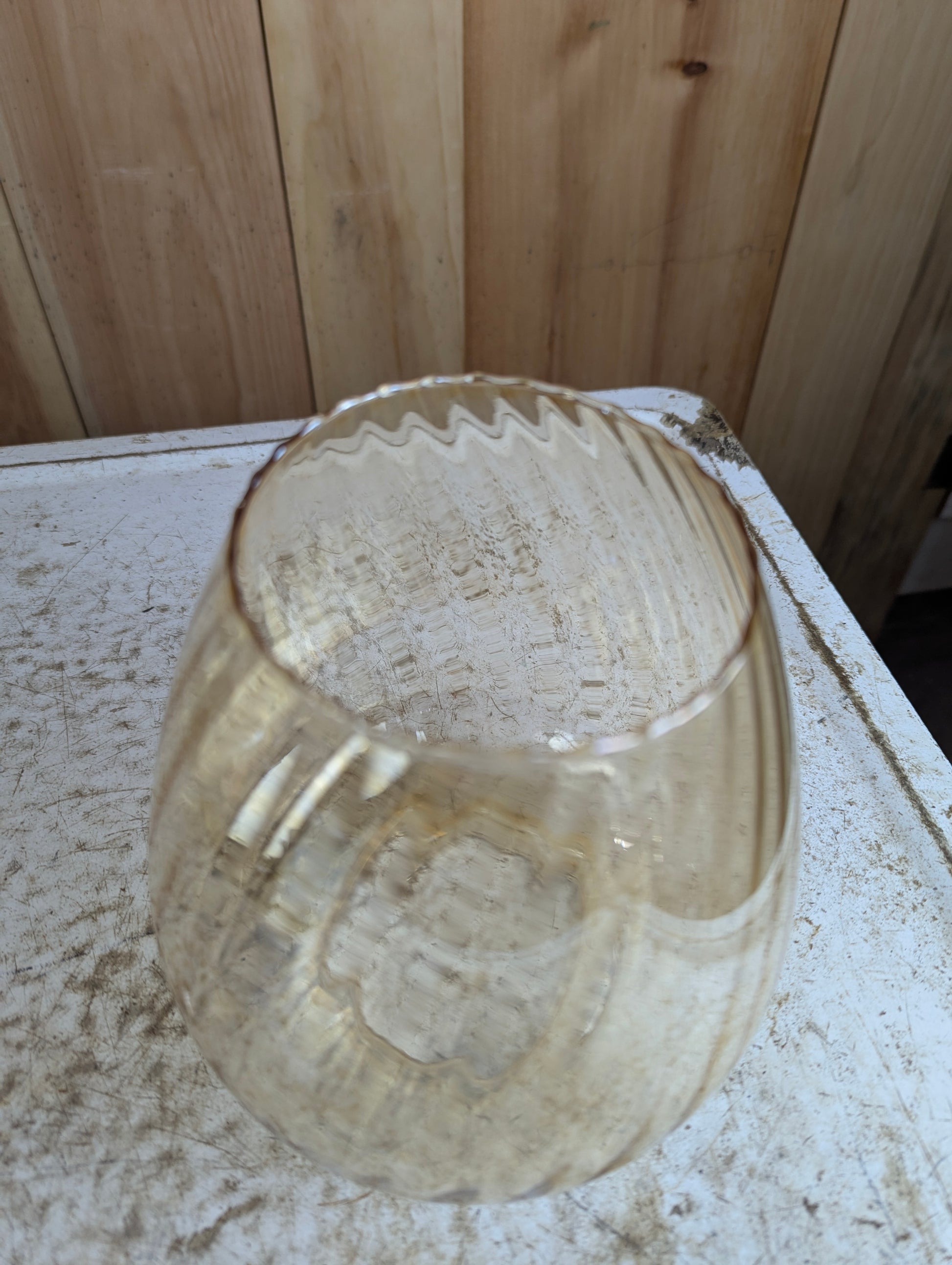 Vintage MCM Iridescent Amber Yellow Glass Swirl Shade - view 2