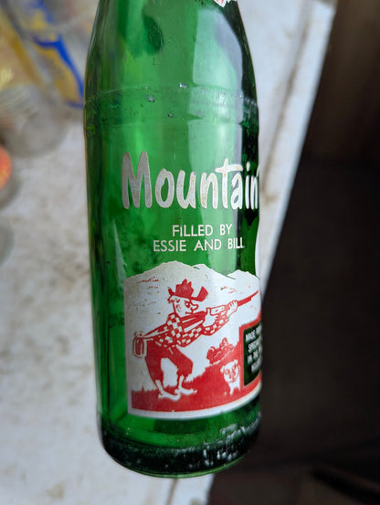 Vintage Mountain Dew 10oz Hillbilly 'Filled by Essie and Bill'  Green Glass ACL Soda Bottle - view 2