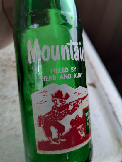 Vintage Mountain Dew 10oz Hillbilly 'Filled by Herb and Ruby'  Green Glass ACL Soda Bottle - view 2