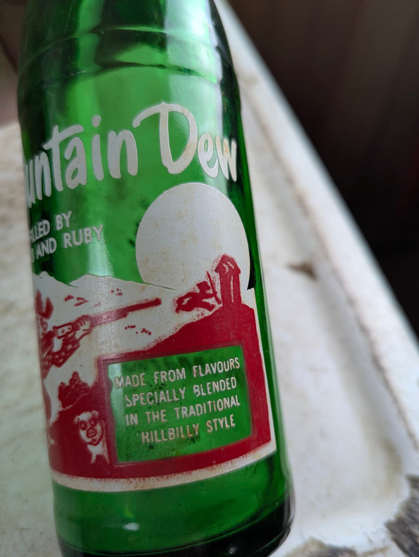 Vintage Mountain Dew 10oz Hillbilly 'Filled by Herb and Ruby'  Green Glass ACL Soda Bottle - view 3
