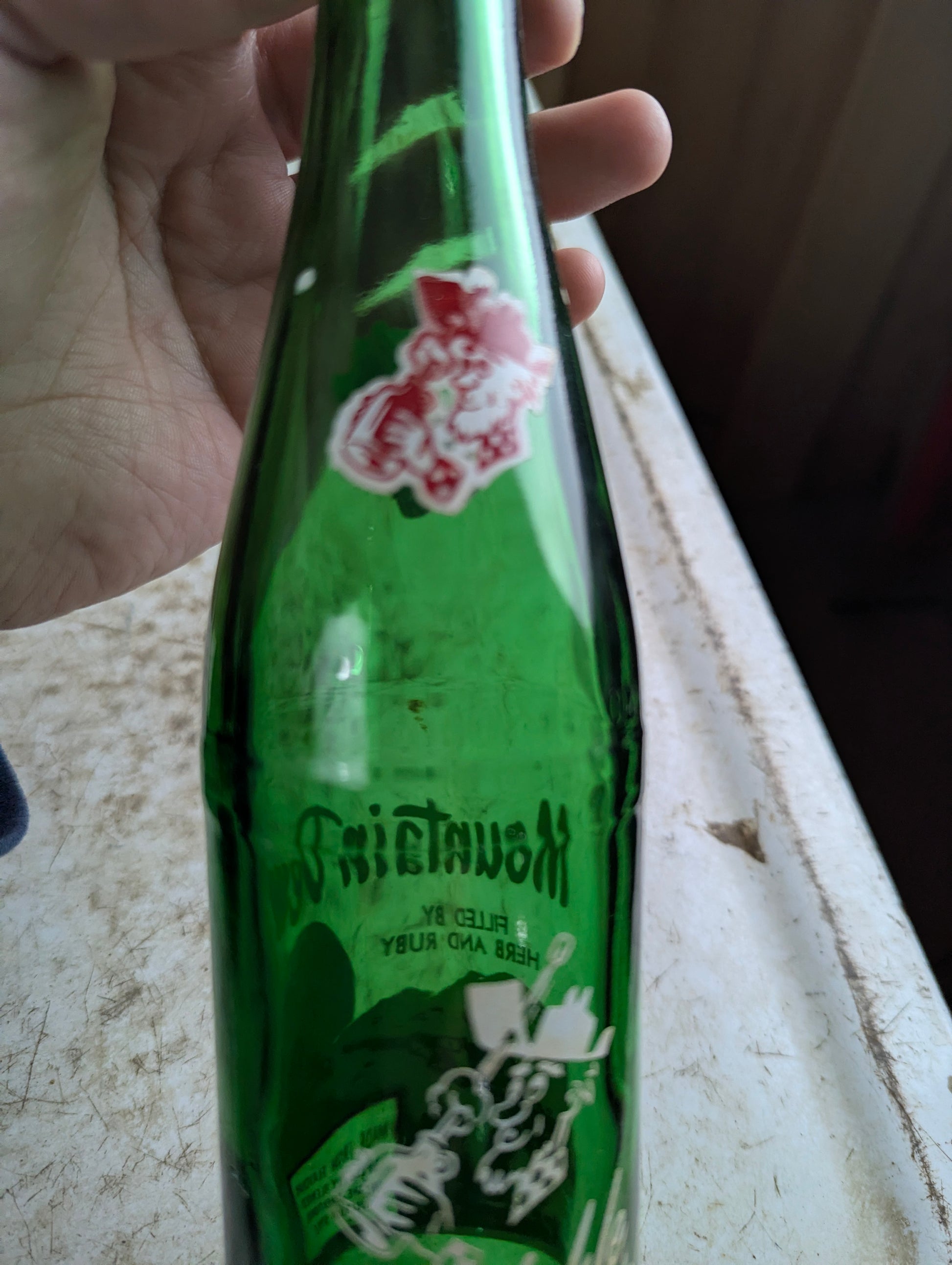 Vintage Mountain Dew 10oz Hillbilly 'Filled by Herb and Ruby'  Green Glass ACL Soda Bottle - view 5