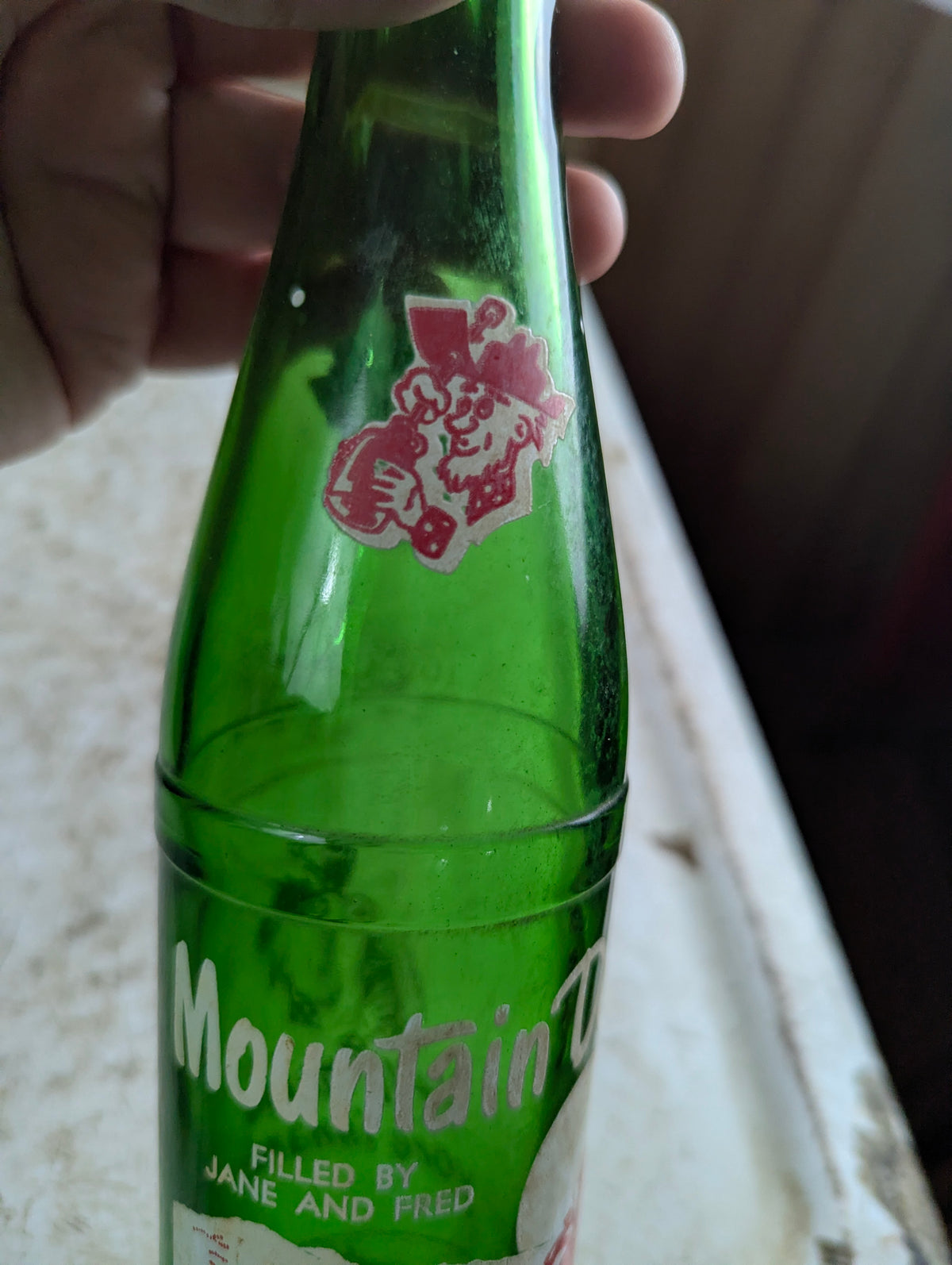 Vintage Mountain Dew 10oz Hillbilly 'Filled by Jane and Fred'  Green Glass ACL Soda Bottle - view 3