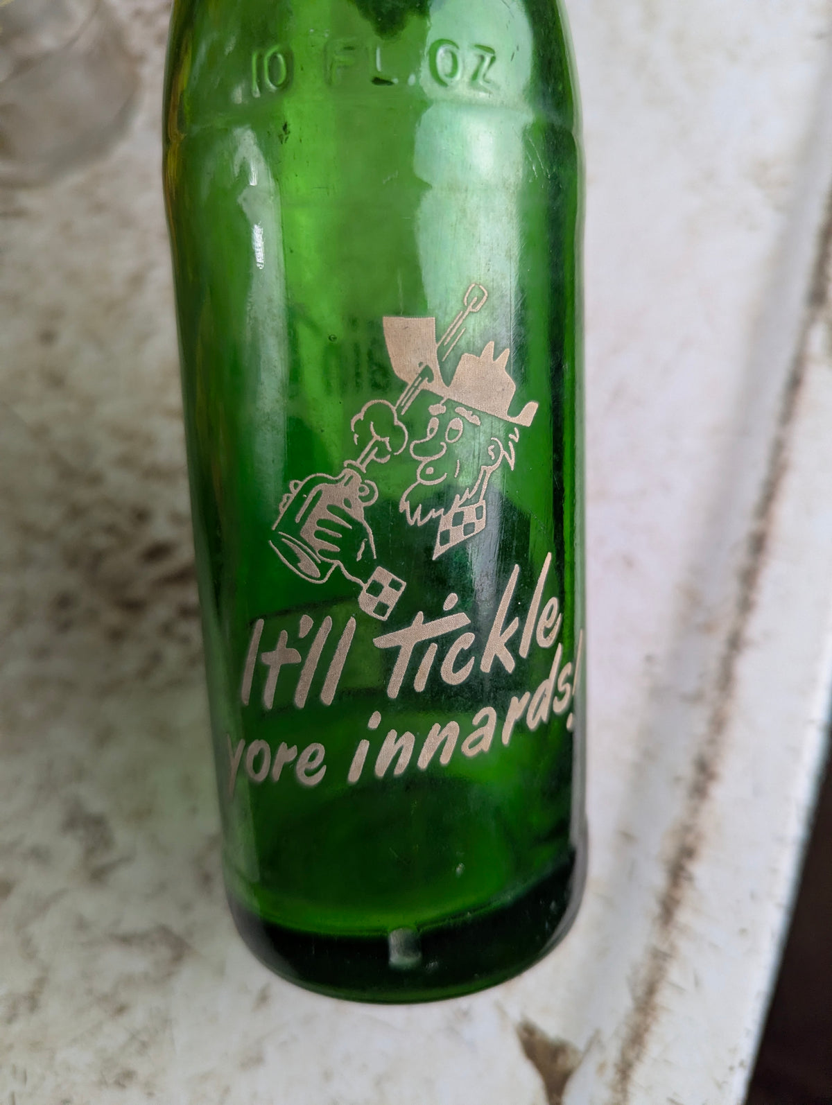 Vintage Mountain Dew 10oz Hillbilly 'Filled by Jim and Clara'  Green Glass ACL Soda Bottle - view 4