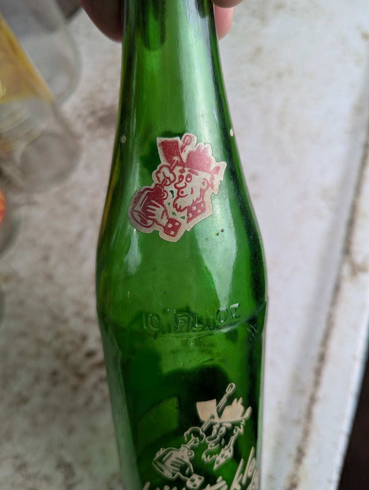 Vintage Mountain Dew 10oz Hillbilly 'Filled by Jim and Clara'  Green Glass ACL Soda Bottle - view 5