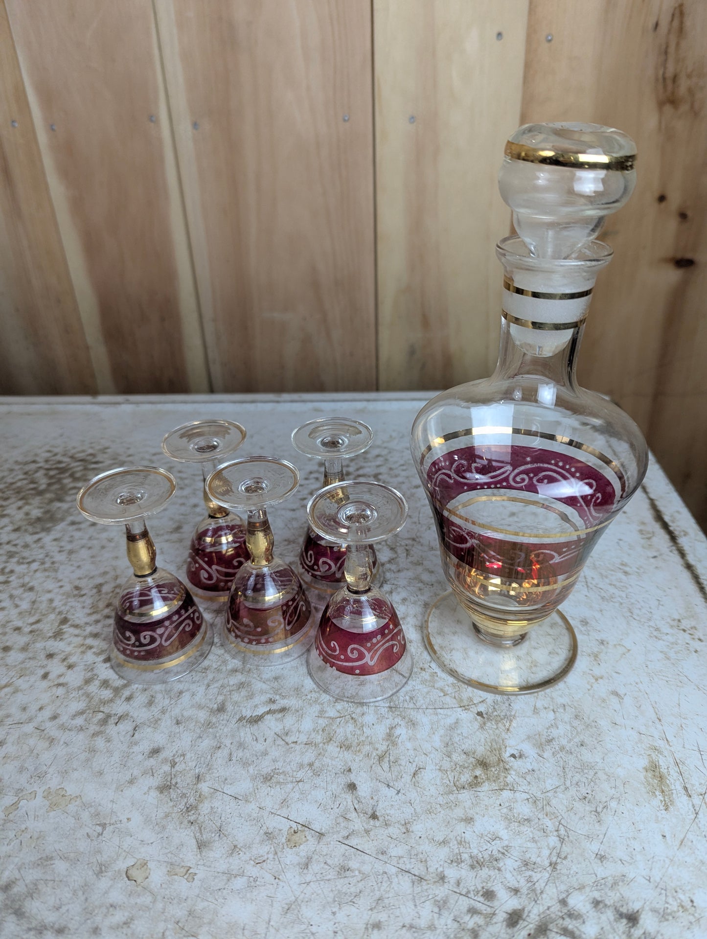 Vintage Red and Gold Decanter with 5 Sherry Glasses