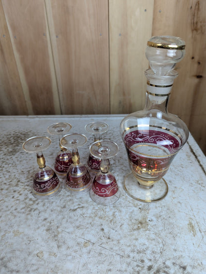 Vintage Red and Gold Decanter with 5 Sherry Glasses