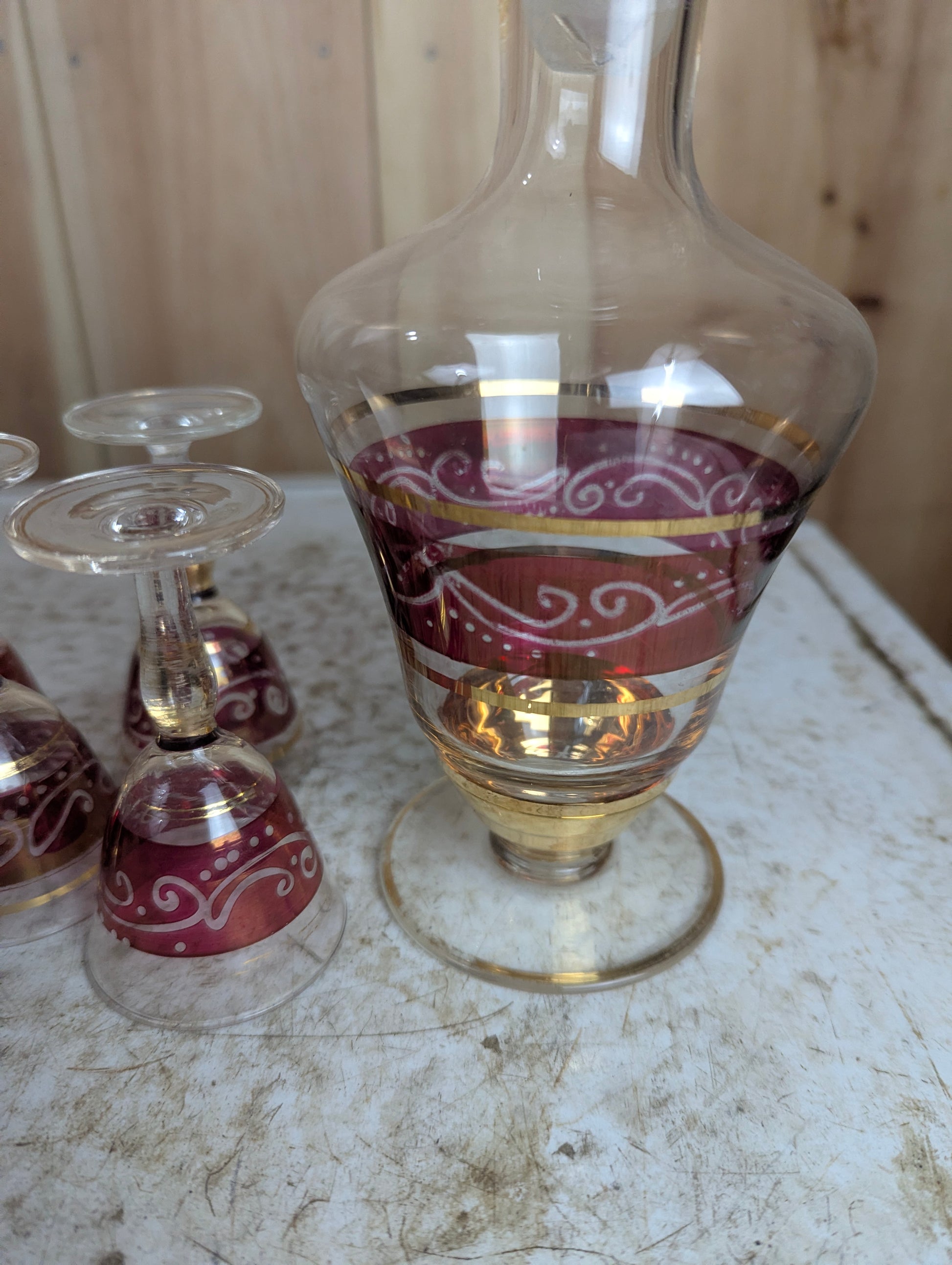 Vintage Red and Gold Decanter with 5 Sherry Glasses - view 2
