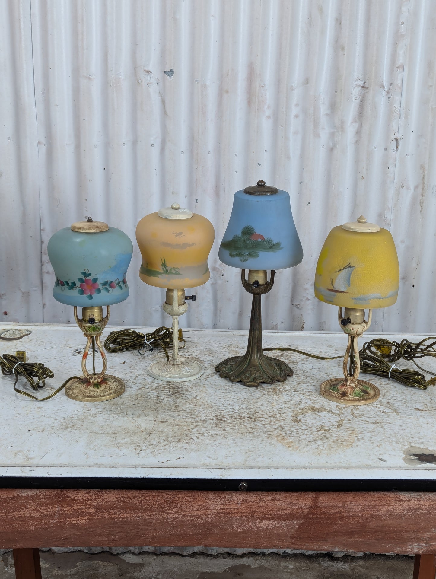Vintage Reverse Painted Glass Shade Table Lamps