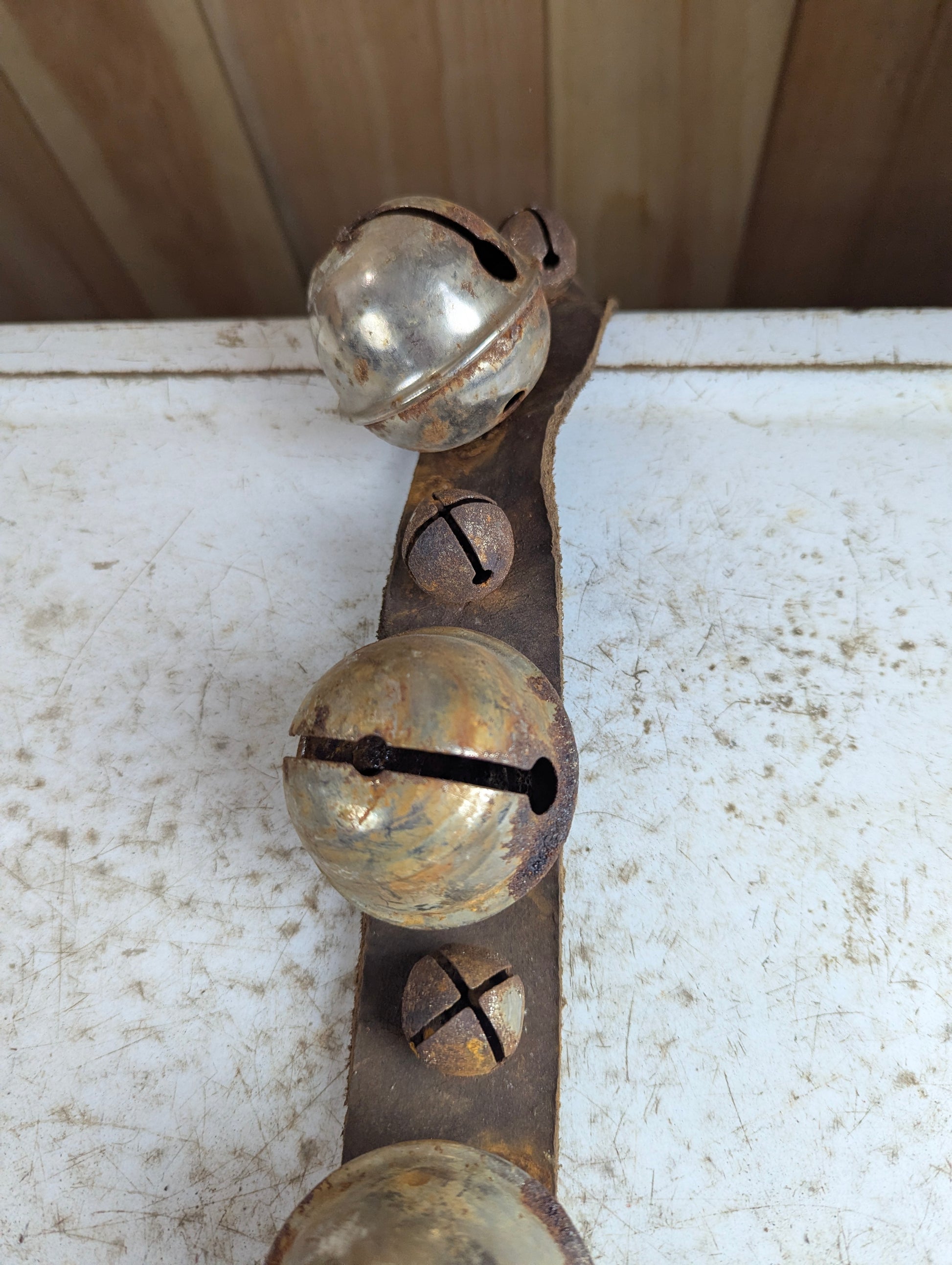 Vintage Sleigh Bells on Leather Strap - view 3