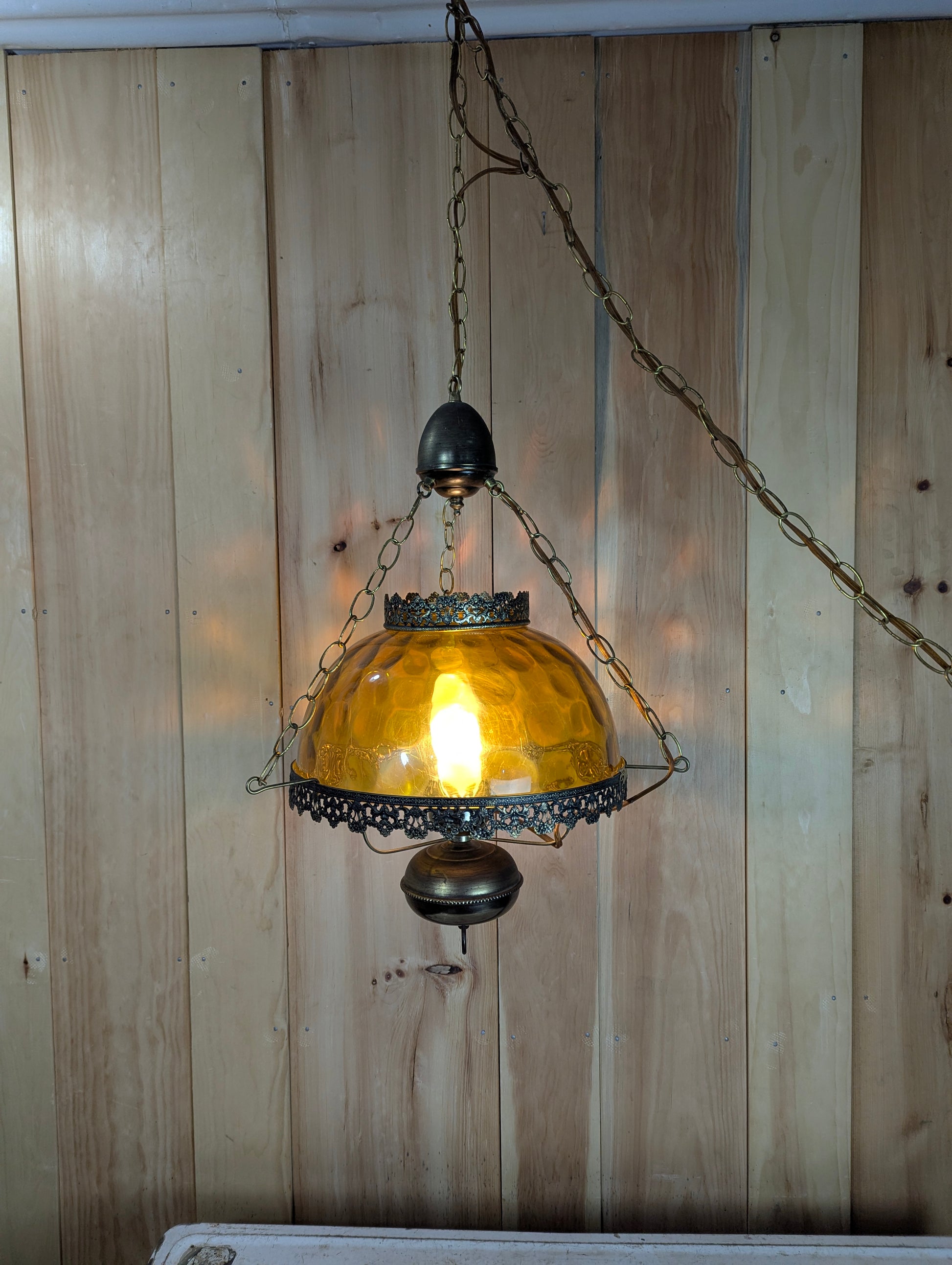 Vintage Thumbprint Amber Glass Swag Hanging Lamp