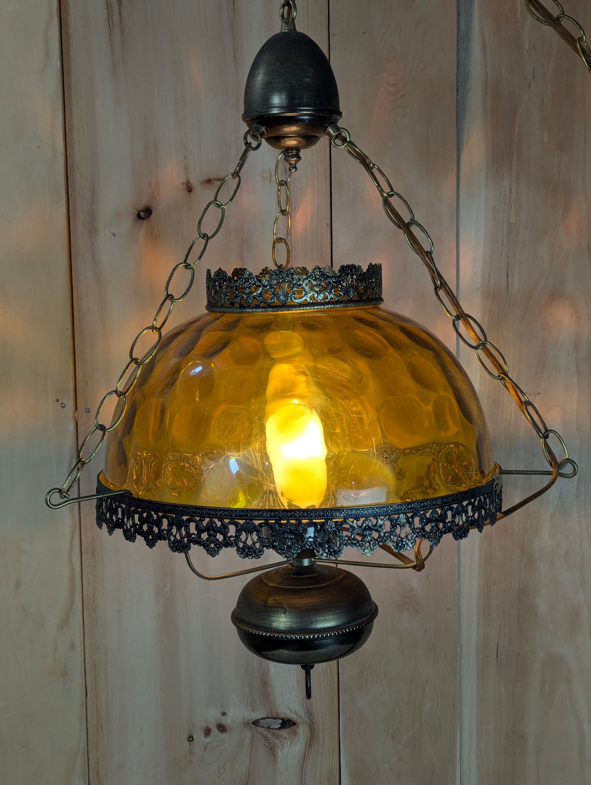 Vintage Thumbprint Amber Glass Swag Hanging Lamp - view 2
