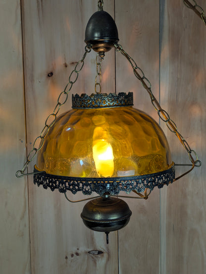 Vintage Thumbprint Amber Glass Swag Hanging Lamp - view 2