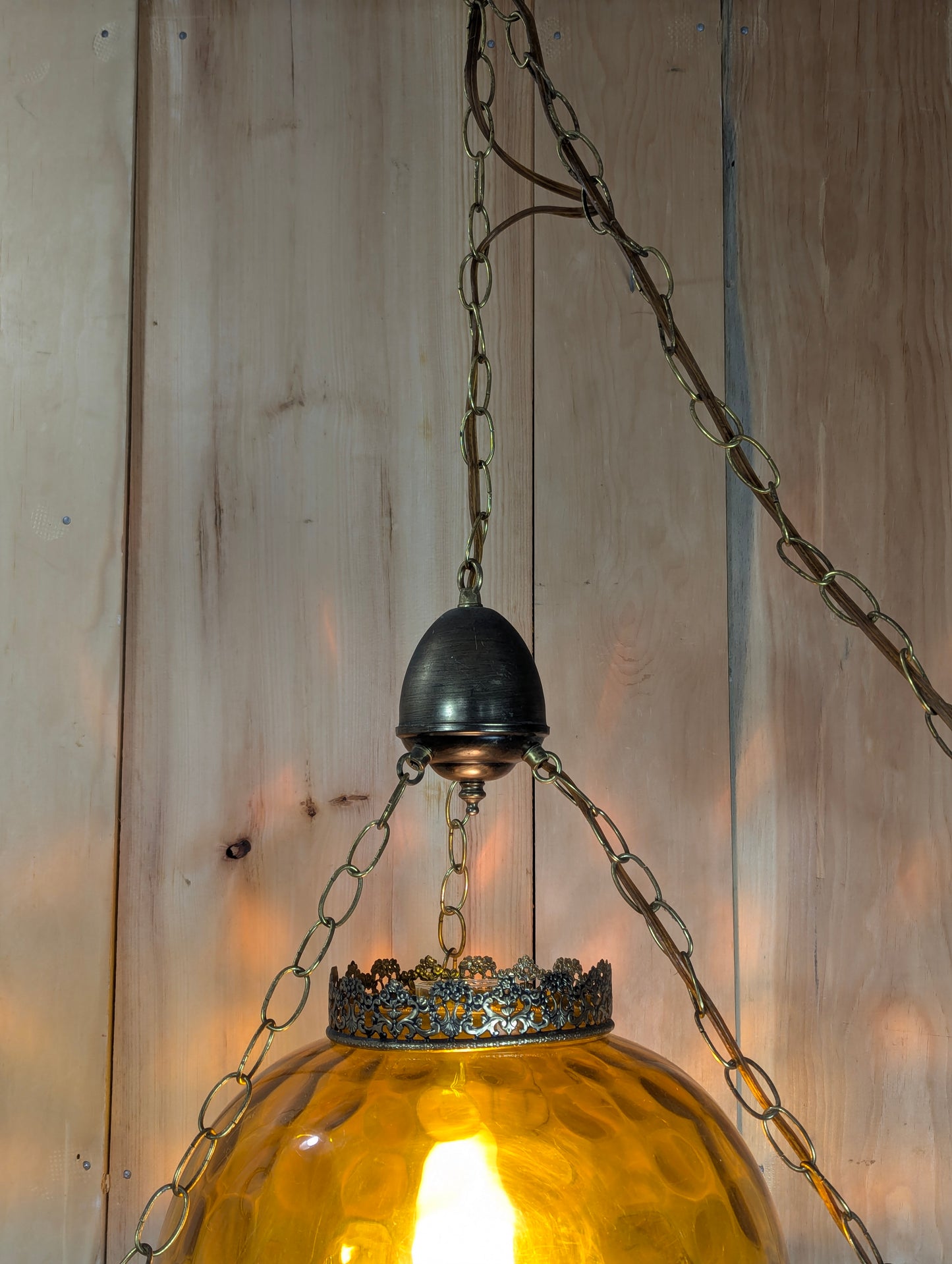 Vintage Thumbprint Amber Glass Swag Hanging Lamp - view 3