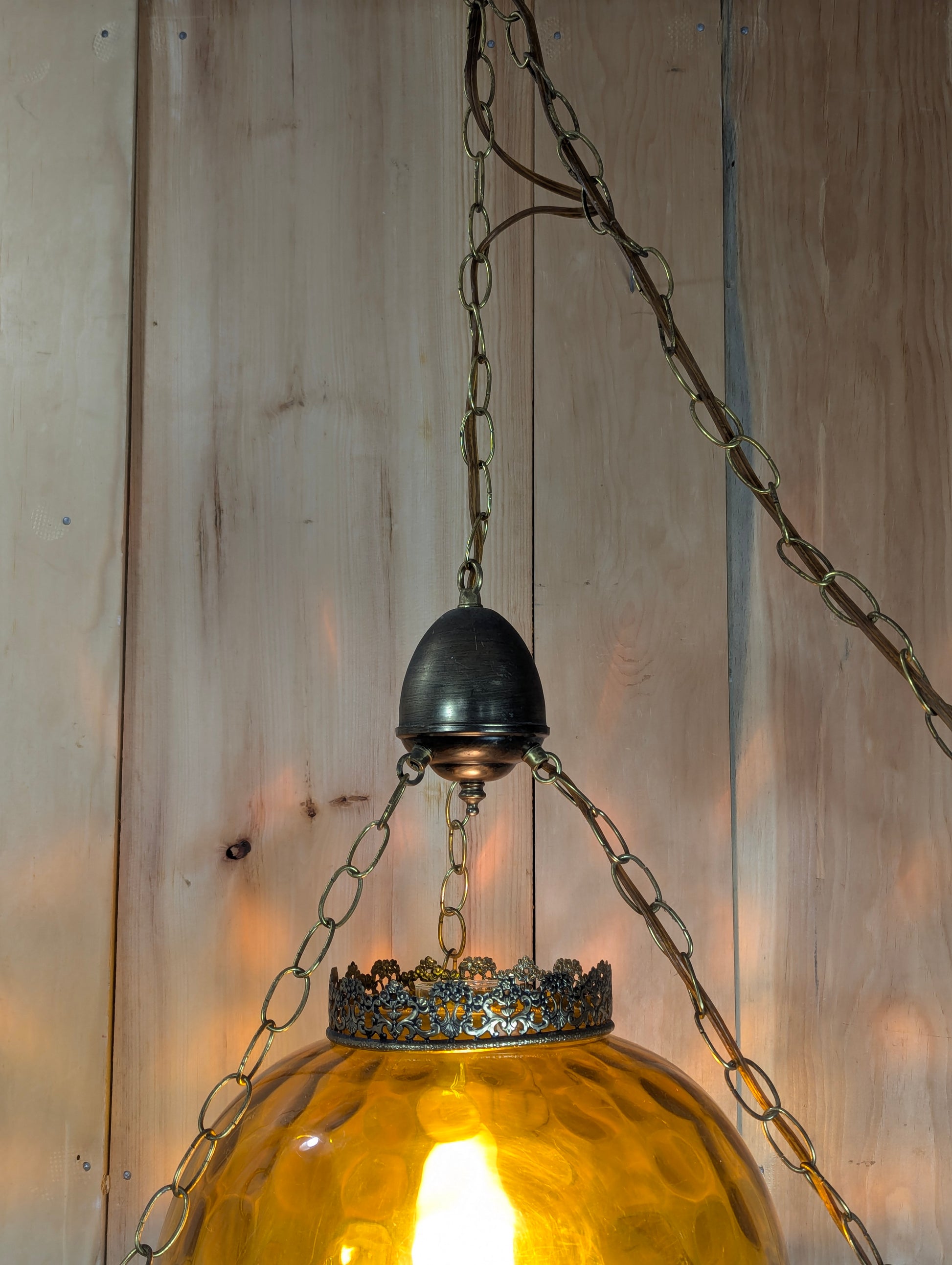 Vintage Thumbprint Amber Glass Swag Hanging Lamp - view 3