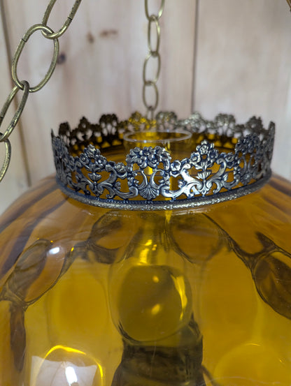 Vintage Thumbprint Amber Glass Swag Hanging Lamp - view 7
