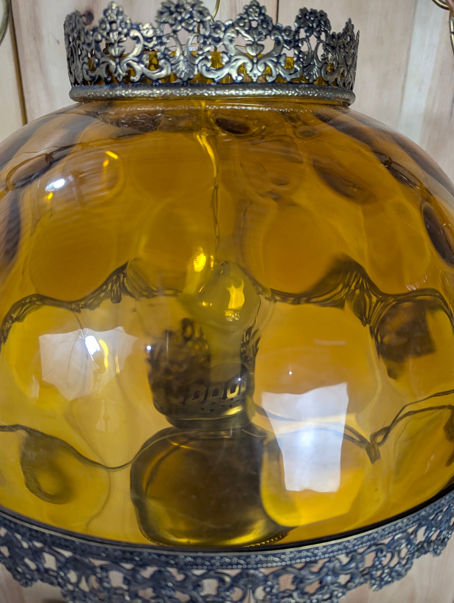 Vintage Thumbprint Amber Glass Swag Hanging Lamp - view 8