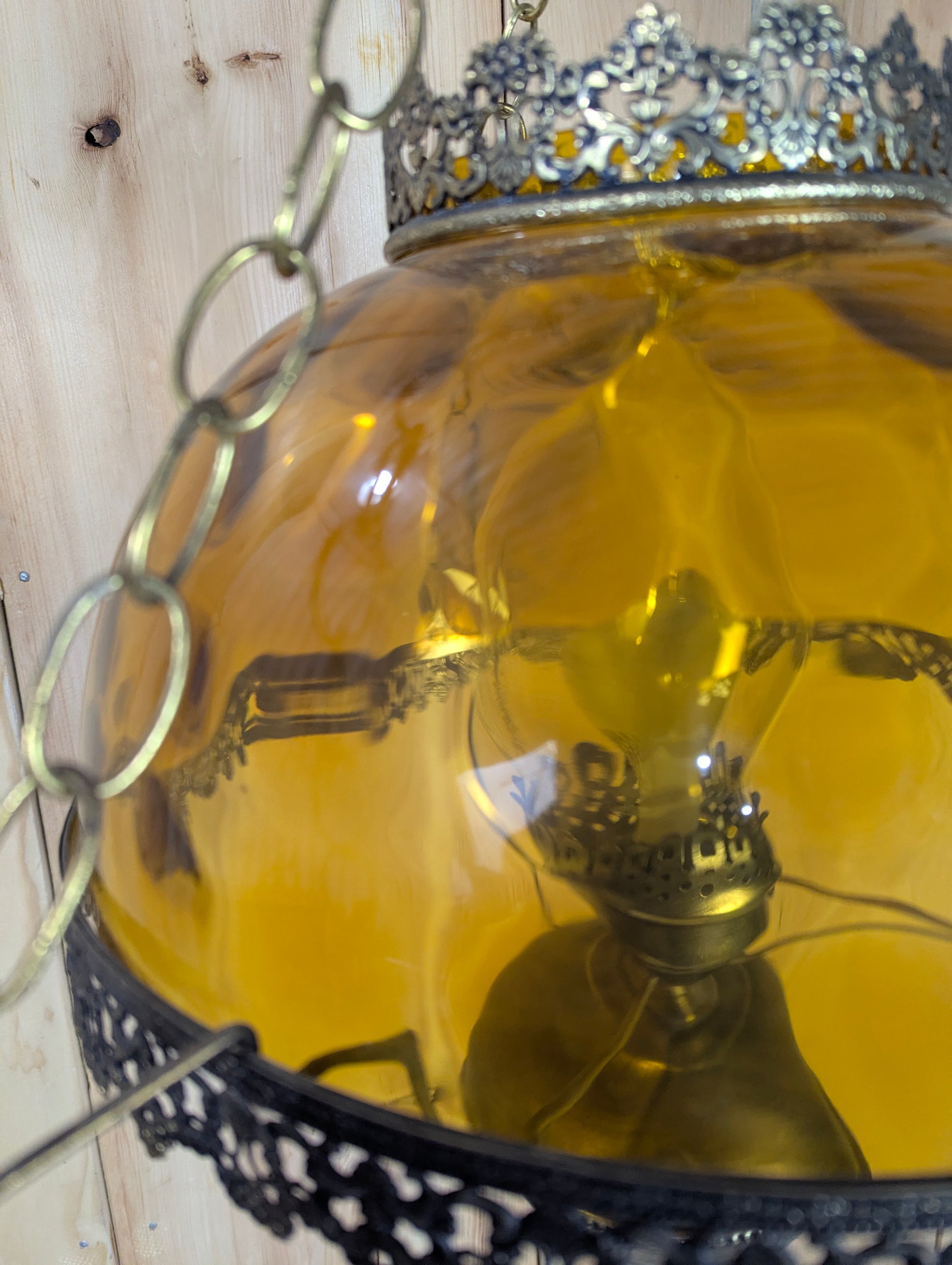 Vintage Thumbprint Amber Glass Swag Hanging Lamp - view 9