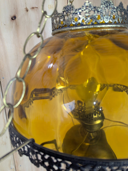Vintage Thumbprint Amber Glass Swag Hanging Lamp - view 9