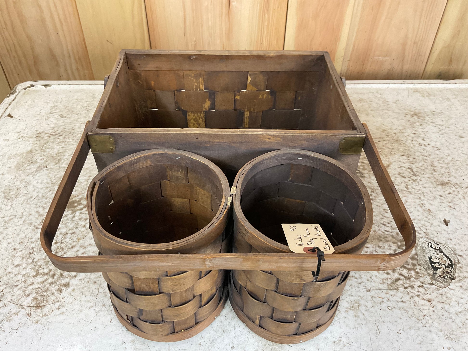 Vintage Wooden Wicker Rattan Basket with Utensil Caddy - view 5