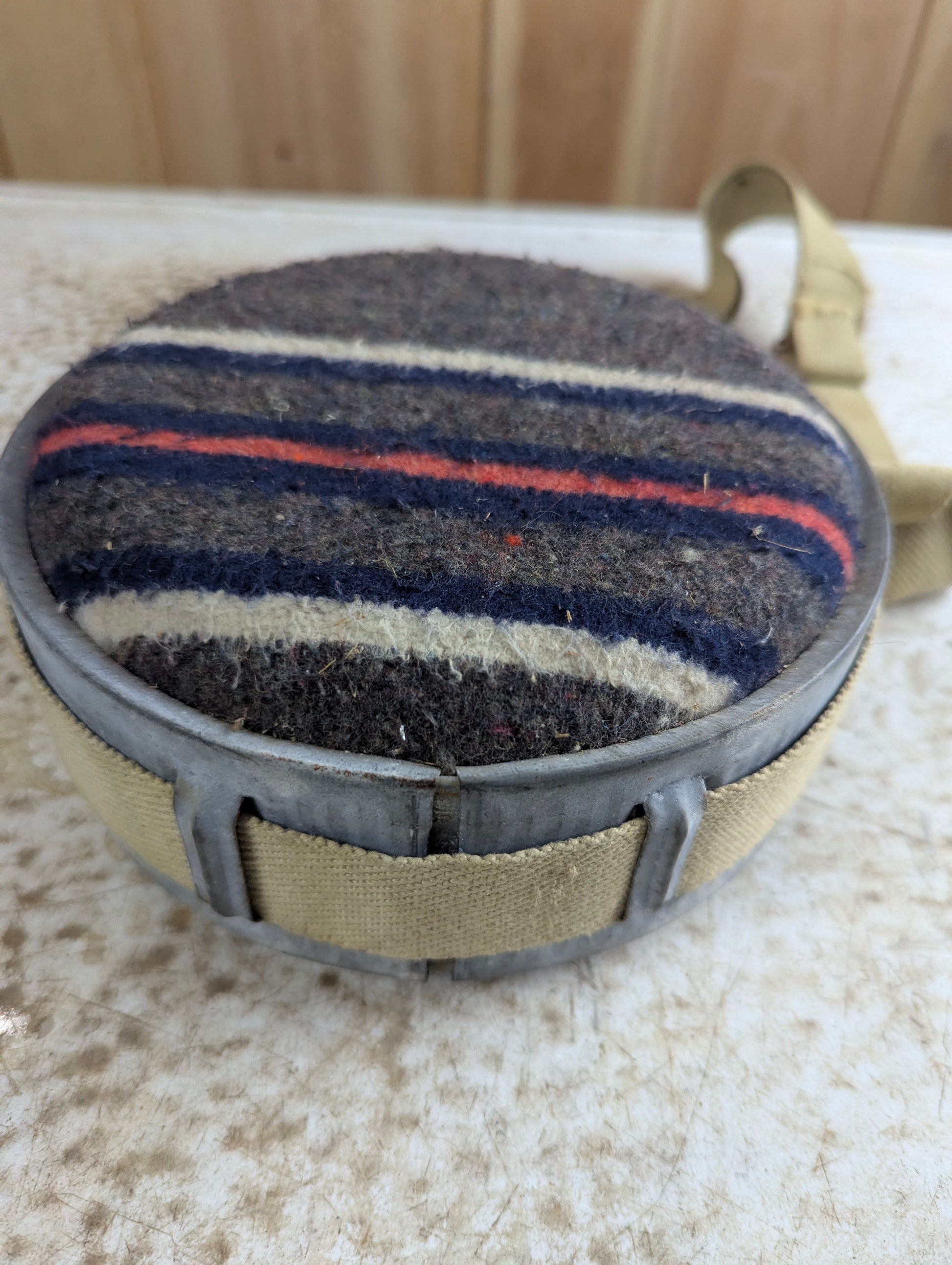 Vintage Wool Padded Galvanised Water Canteen with Carrying Strap - view 2