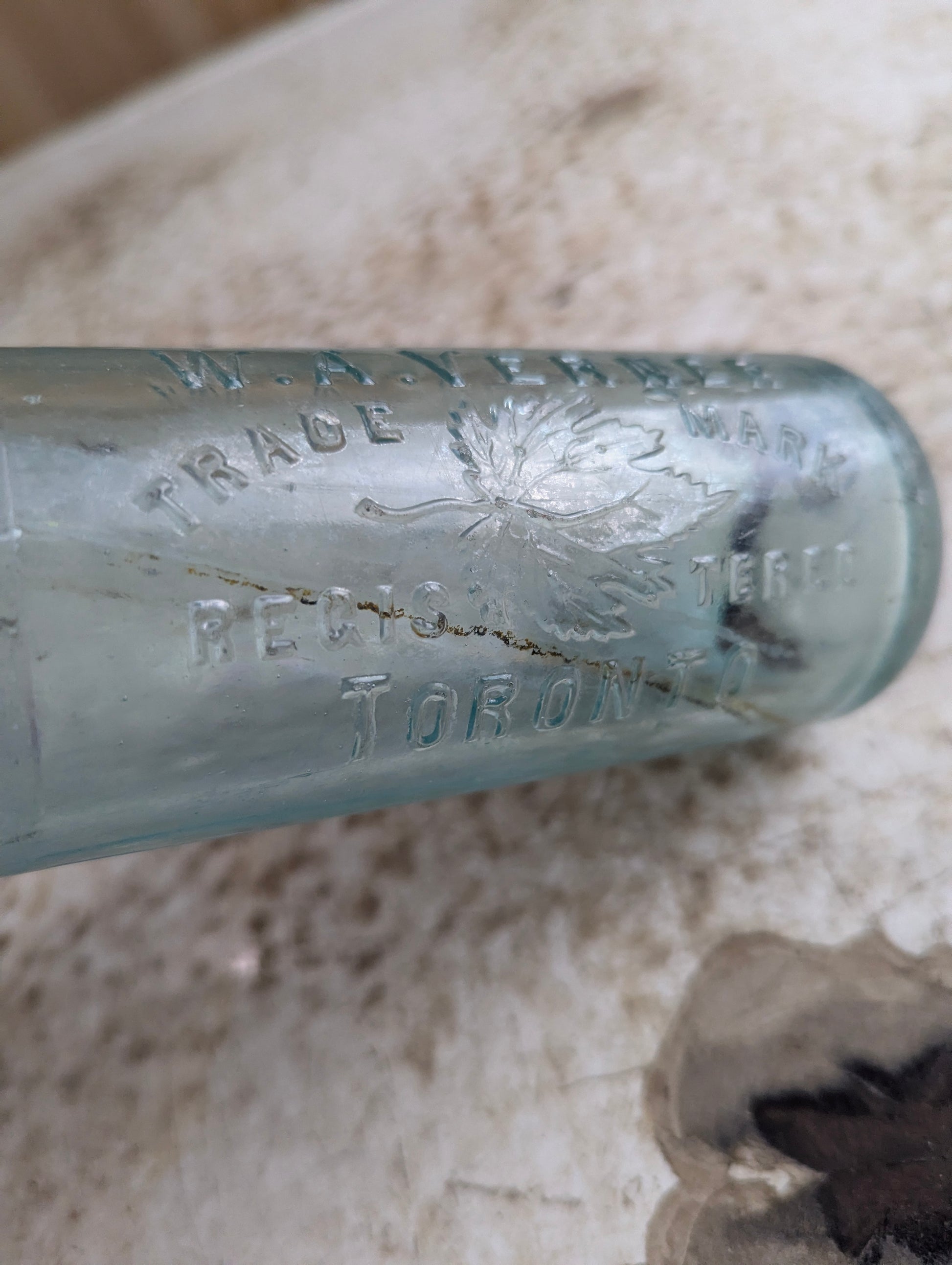 W.A. Verner Toronto Maple Leaf Embossed Aqua Glass Hutchinson Soda Bottle - view 2