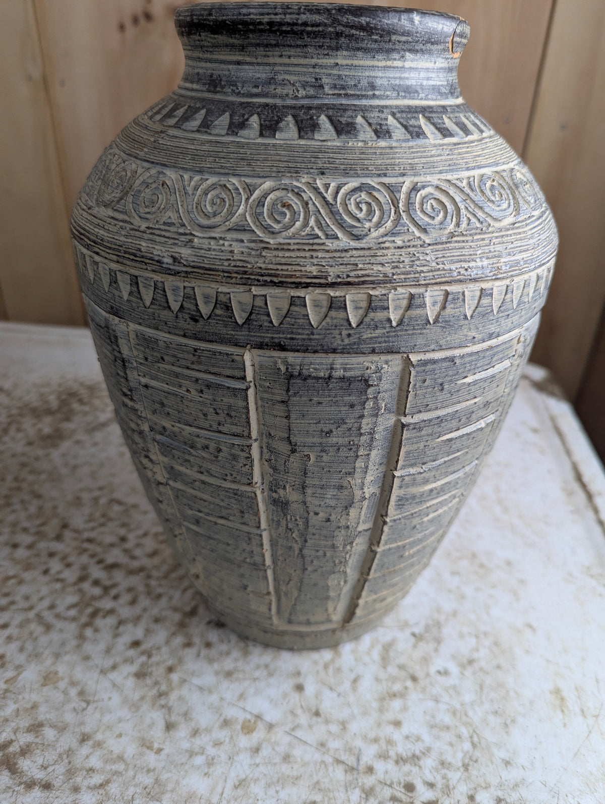 Whitewashed Pottery Vase with Spiral Pattern