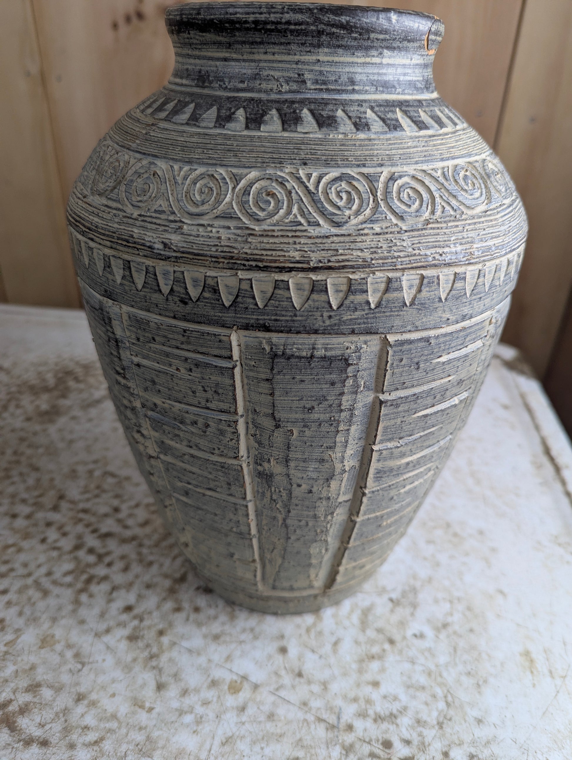 Whitewashed Pottery Vase with Spiral Pattern