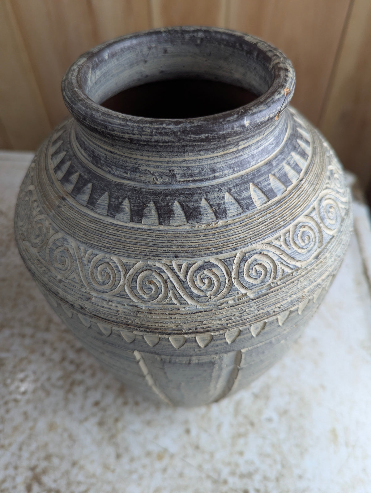Whitewashed Pottery Vase with Spiral Pattern - view 2
