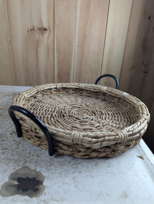 Wicker Woven 15" Serving Tray with Metal Handles